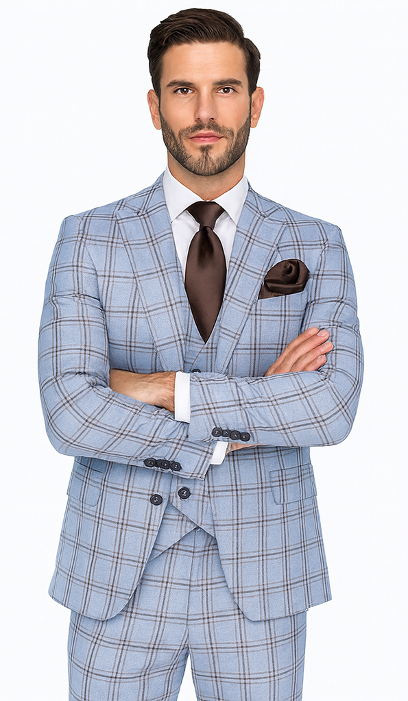 Rossi Man MAX RM1822 Slim Fit 3-Piece Suit – Light Blue & Brown Plaid Formal Suit for Men