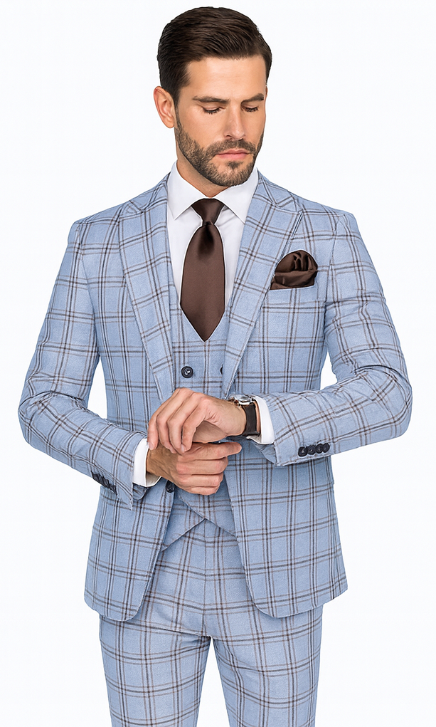 Rossi Man MAX RM1822 Slim Fit 3-Piece Suit – Light Blue & Brown Plaid Formal Suit for Men