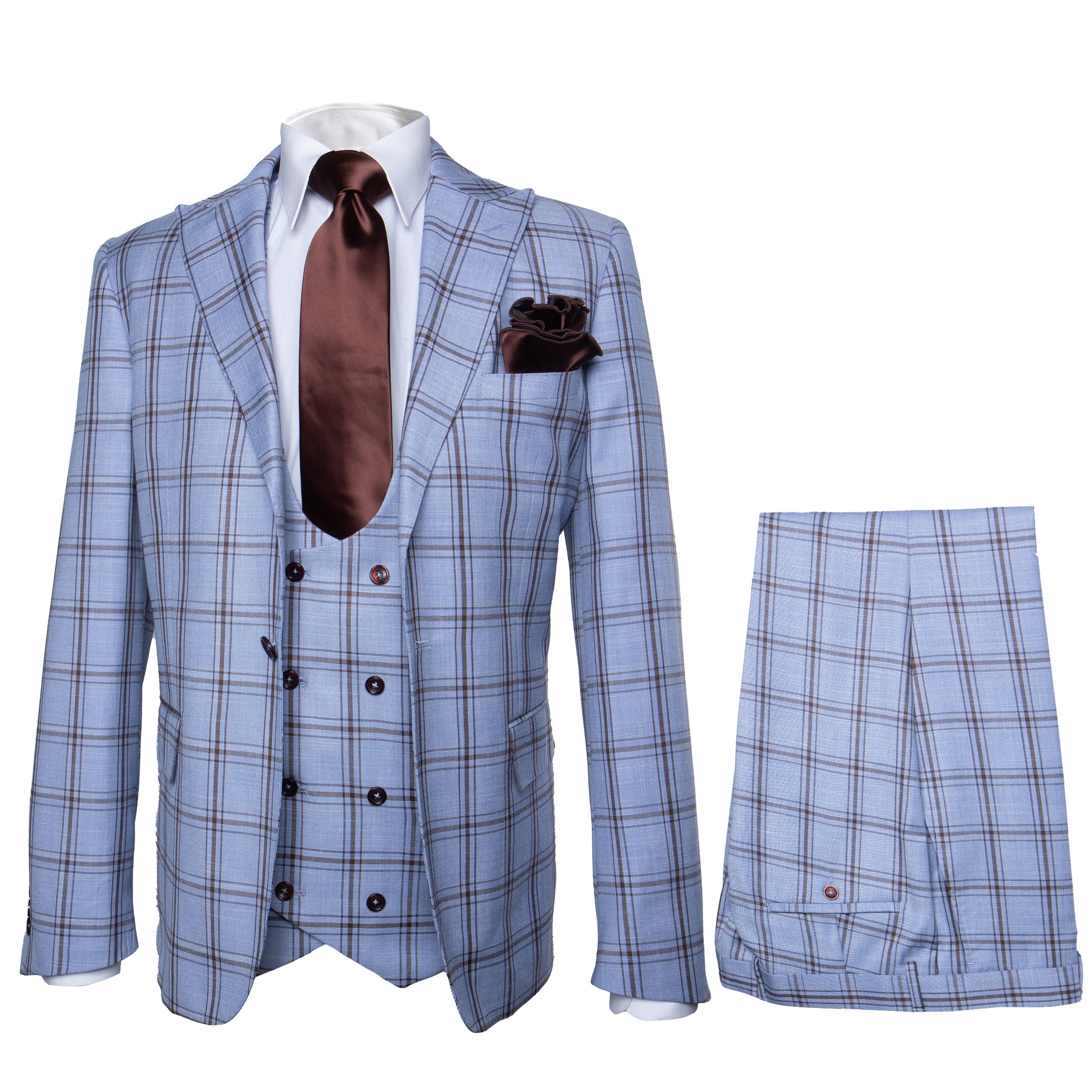 Rossi Man MAX RM1822 Slim Fit 3-Piece Suit – Light Blue & Brown Plaid Formal Suit for Men