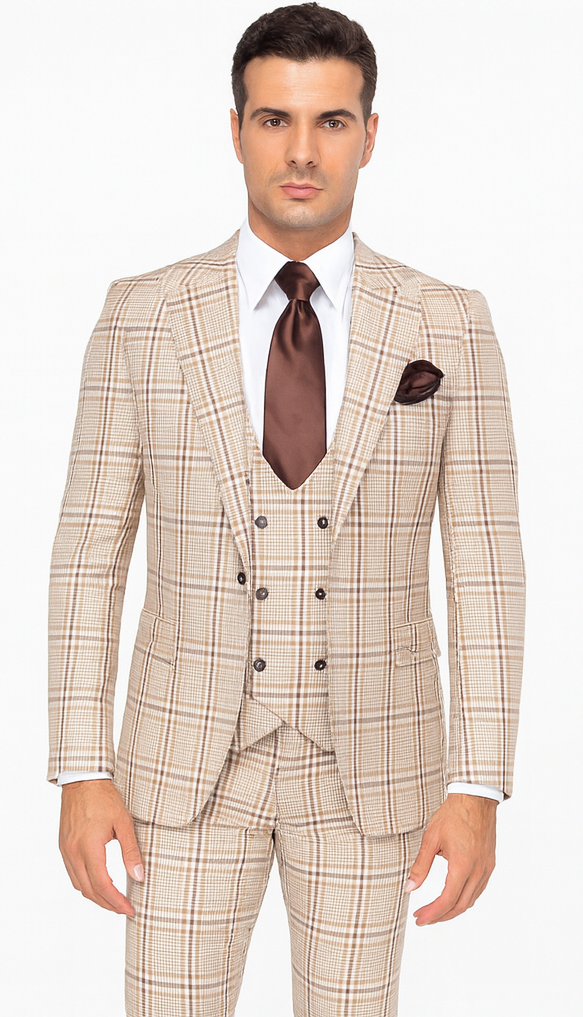 Rossi Man MAX RM1824 Light Brown Slim Fit 3-Piece Suit – Men’s Formalwear