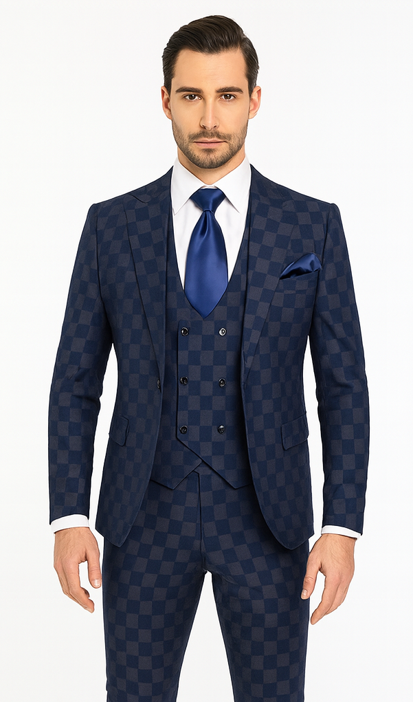 Rossi Man MAX RM1838 Navy Check Slim Fit 3-Piece Suit – Men’s Formalwear