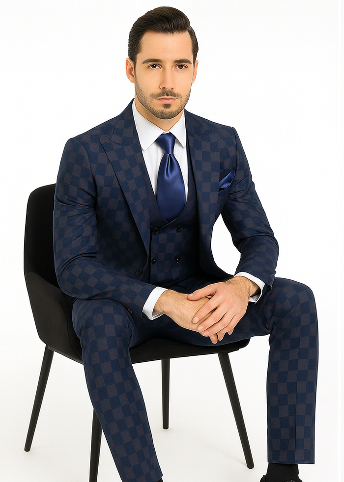 Rossi Man MAX RM1838 Navy Check Slim Fit 3-Piece Suit – Men’s Formalwear