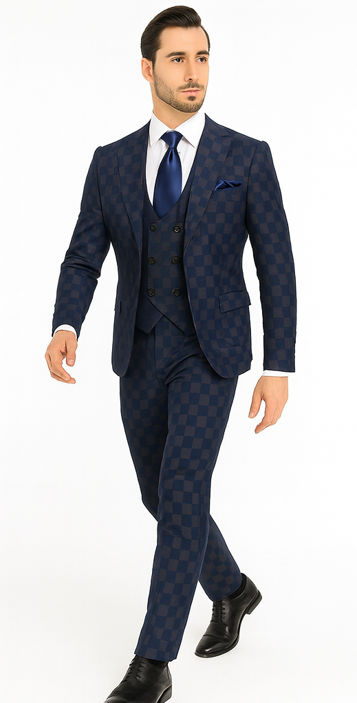 Rossi Man MAX RM1838 Navy Check Slim Fit 3-Piece Suit – Men’s Formalwear