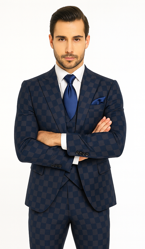 Rossi Man MAX RM1838 Navy Check Slim Fit 3-Piece Suit – Men’s Formalwear
