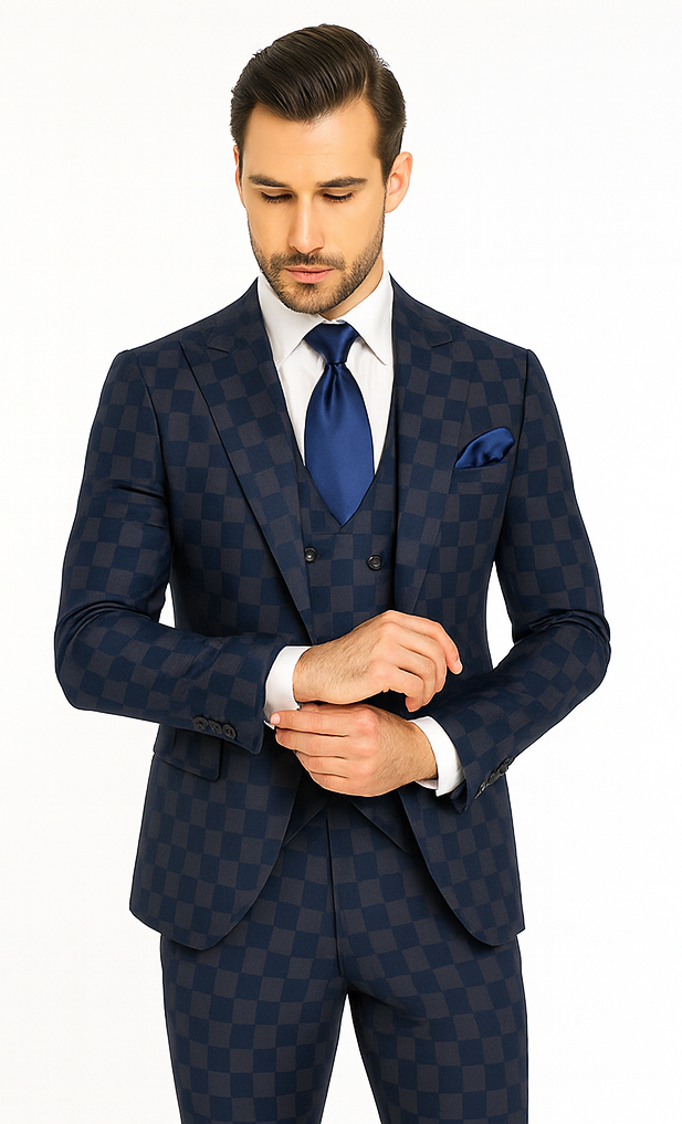 Rossi Man MAX RM1838 Navy Check Slim Fit 3-Piece Suit – Men’s Formalwear