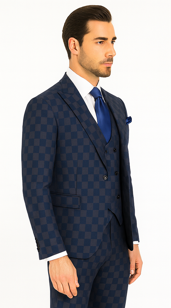 Rossi Man MAX RM1838 Navy Check Slim Fit 3-Piece Suit – Men’s Formalwear
