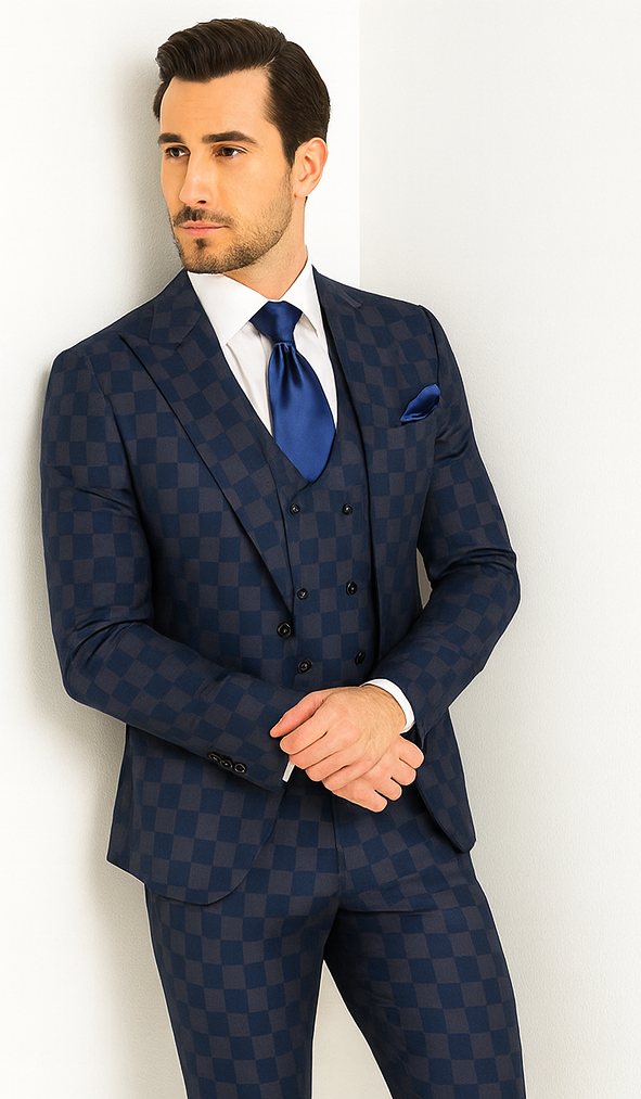 Rossi Man MAX RM1838 Navy Check Slim Fit 3-Piece Suit – Men’s Formalwear
