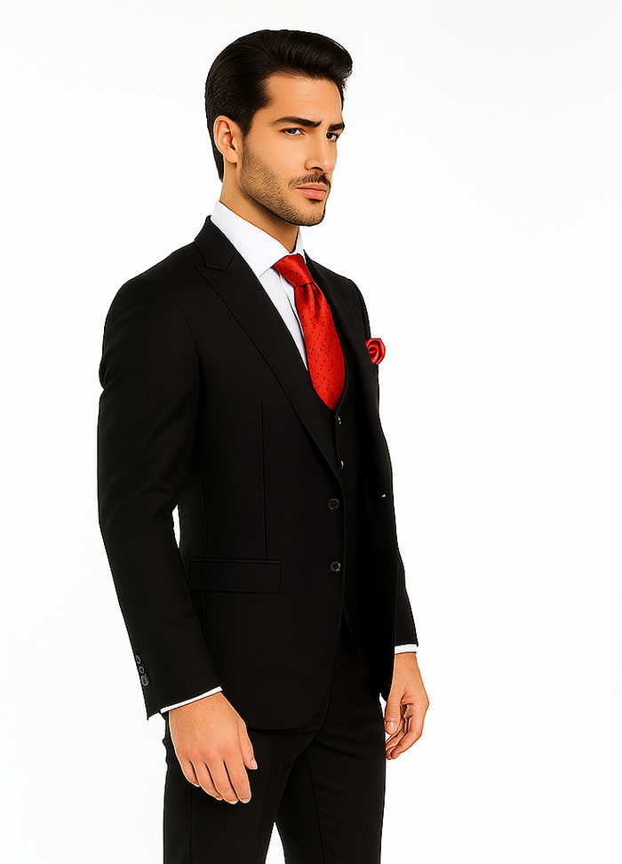 Rossi Man Men’s Slim Fit Black Suit | Double-Breasted Vest – Elegant Italian Formalwear for Men