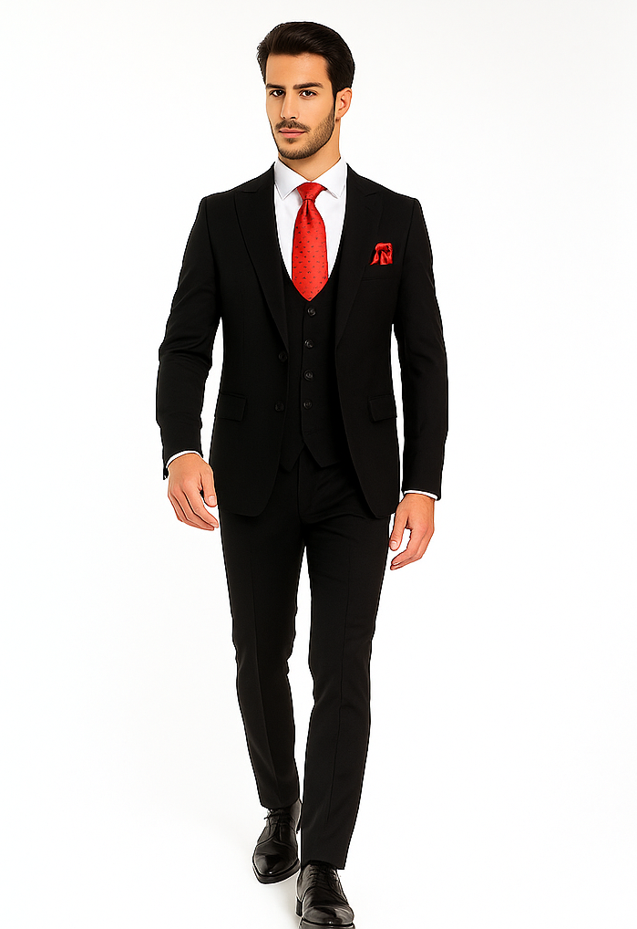 Rossi Man Men’s Slim Fit Black Suit | Double-Breasted Vest – Elegant Italian Formalwear for Men