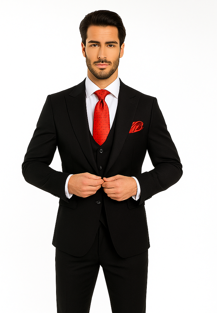 Rossi Man Men’s Slim Fit Black Suit | Double-Breasted Vest – Elegant Italian Formalwear for Men