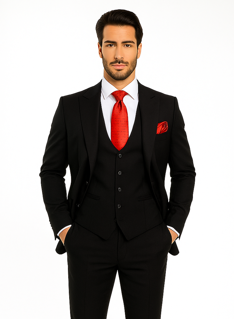Rossi Man Men’s Slim Fit Black Suit | Double-Breasted Vest – Elegant Italian Formalwear for Men