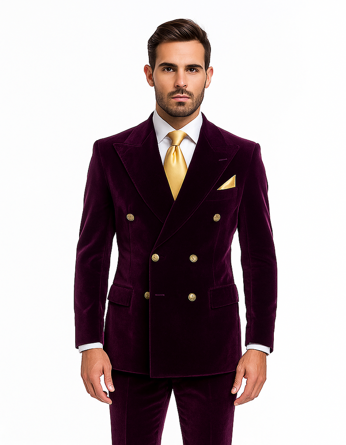 Dark Purple Velvet Double breasted Suit Slim Fit by Rossiman