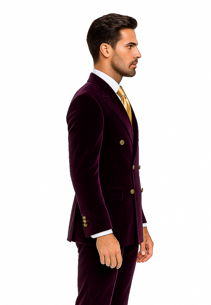 Dark Purple Velvet Double breasted Suit Slim Fit by Rossiman