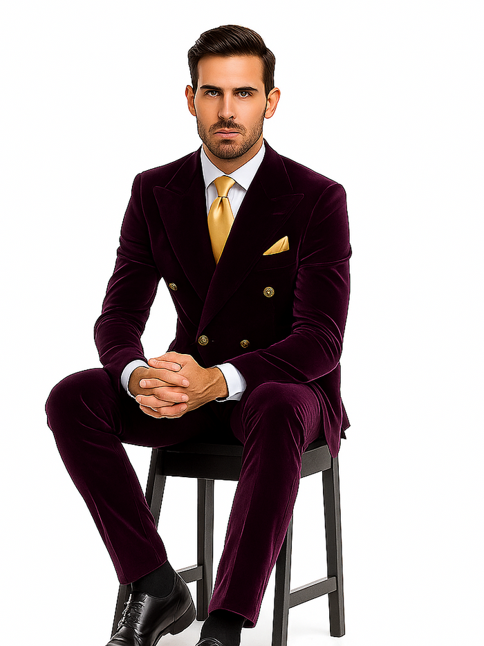 Dark Purple Velvet Double breasted Suit Slim Fit by Rossiman