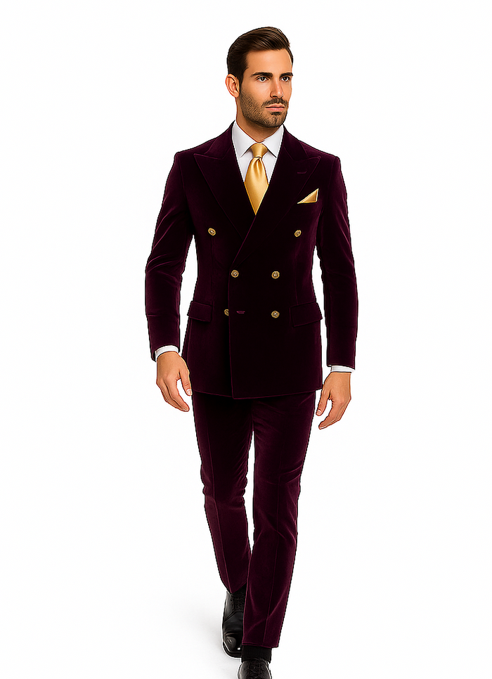 Dark Purple Velvet Double breasted Suit Slim Fit by Rossiman