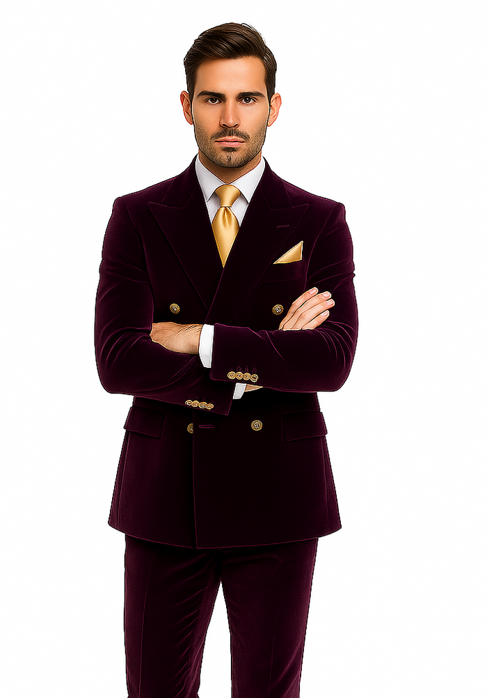 Dark Purple Velvet Double breasted Suit Slim Fit by Rossiman