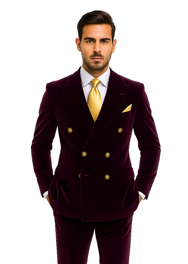 Dark Purple Velvet Double breasted Suit Slim Fit by Rossiman