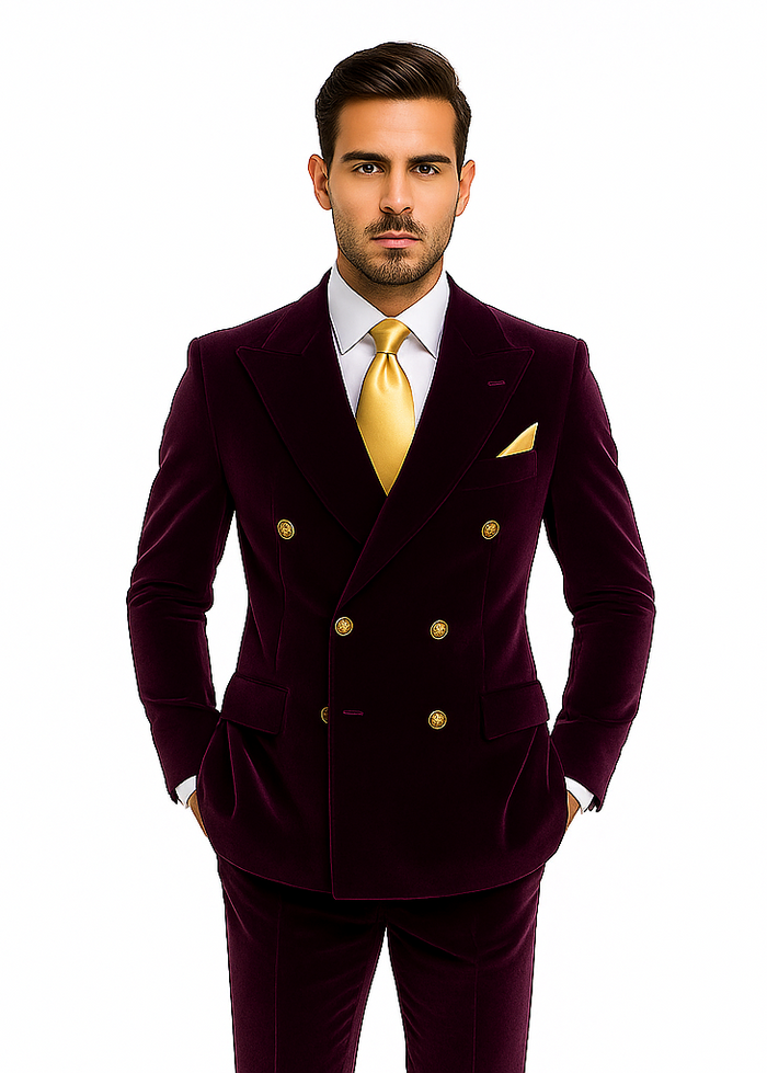Dark Purple Velvet Double breasted Suit Slim Fit by Rossiman