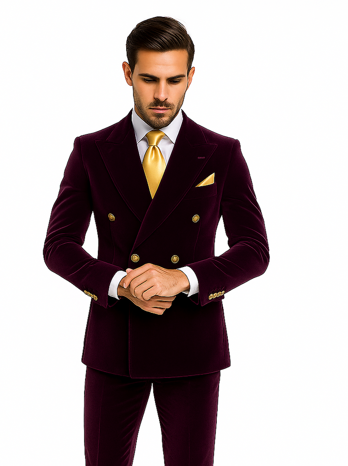 Dark Purple Velvet Double breasted Suit Slim Fit by Rossiman