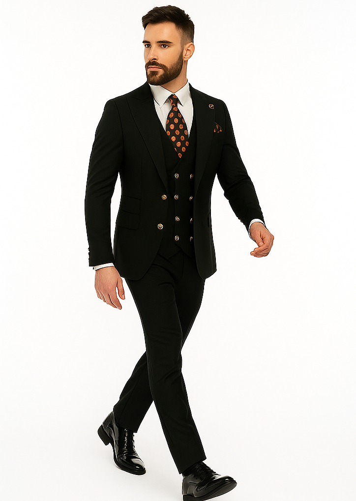 Rossiman Black Suit for Men | Classic 1-Button Peak Lapel Jacket & Double-Breasted Vest – Italian Tailored 3-Piece Luxury Suit