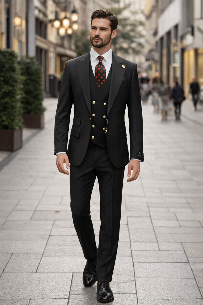 Rossiman Classic Black Peak Lapel Suit