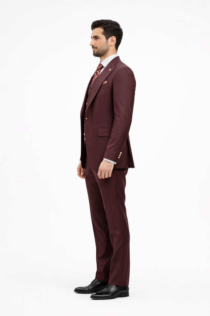 Men's Burgundy Peak Lapel Suit
