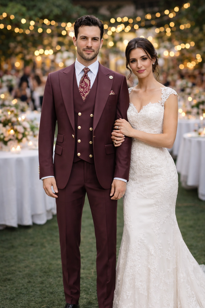 Men's Burgundy Peak Lapel Suit