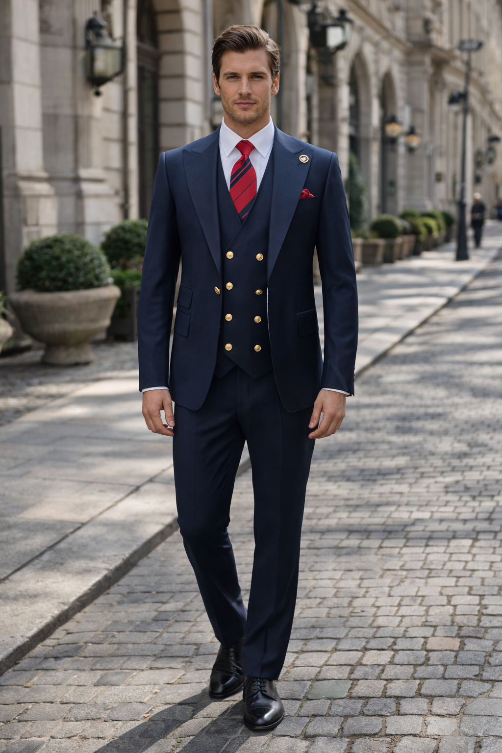 Rossiman Navy Classic Peak Lapel Suit & Vest