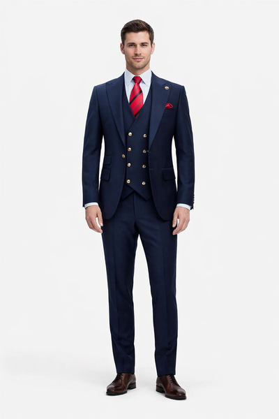 Rossiman Navy Classic Peak Lapel Suit & Vest