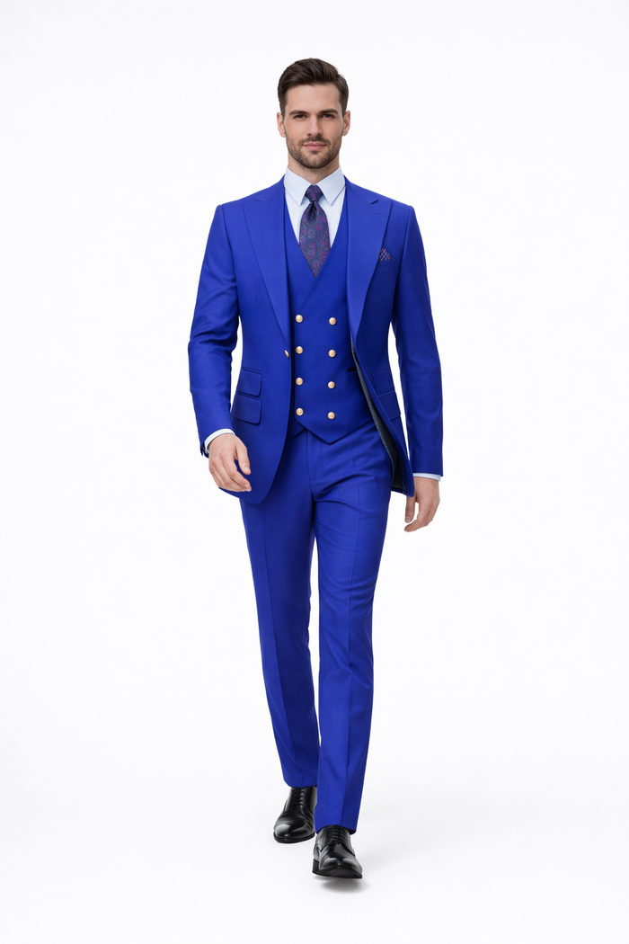 Royal Blue 1-Button Suit with Peak Lapel & Vest
