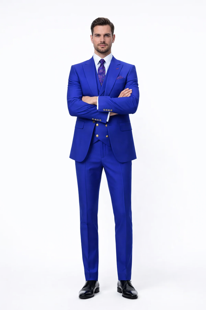 Royal Blue 1-Button Suit with Peak Lapel & Vest