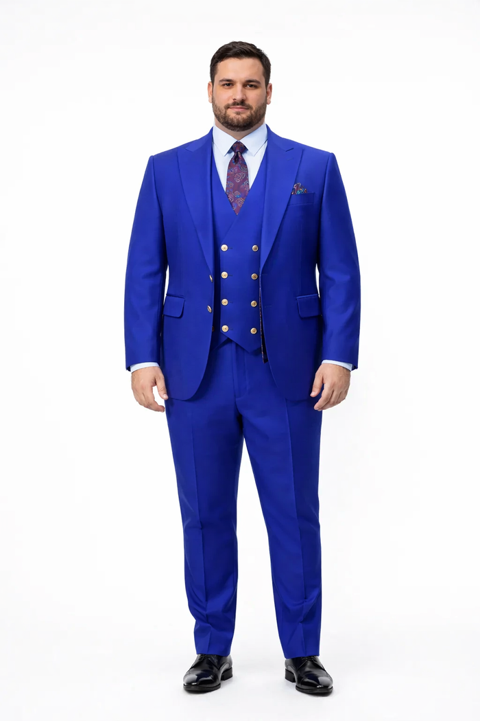 Royal Blue 1-Button Suit with Peak Lapel & Vest