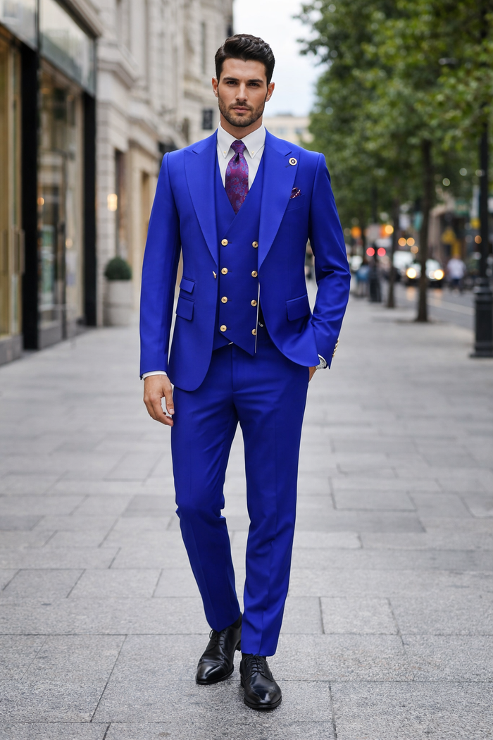 Royal Blue 1-Button Suit with Peak Lapel & Vest