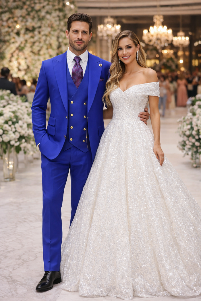 Royal Blue 1-Button Suit with Peak Lapel & Vest
