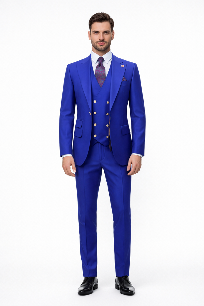 Royal Blue 1-Button Suit with Peak Lapel & Vest