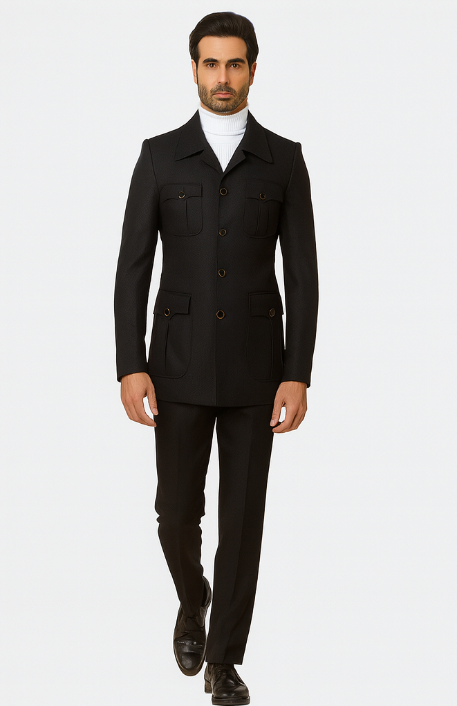 Rossiman Men’s Black Safari Walking Suit – Jacket & Trousers Set