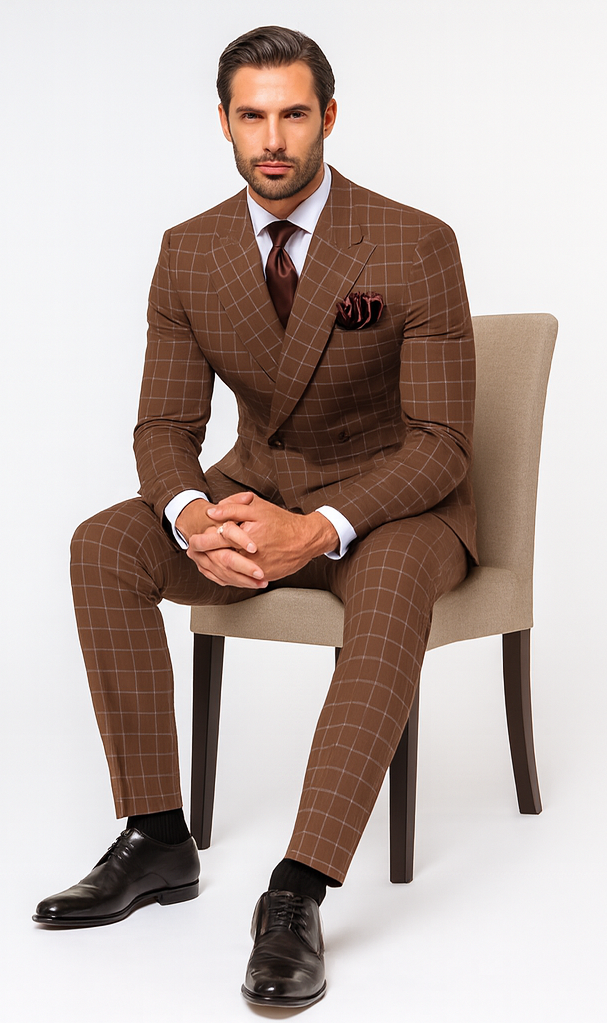 Rossiman Men’s Brown Plaid Suit – Classic Fit with Baggy Pleated Wide-Leg Wool Trousers