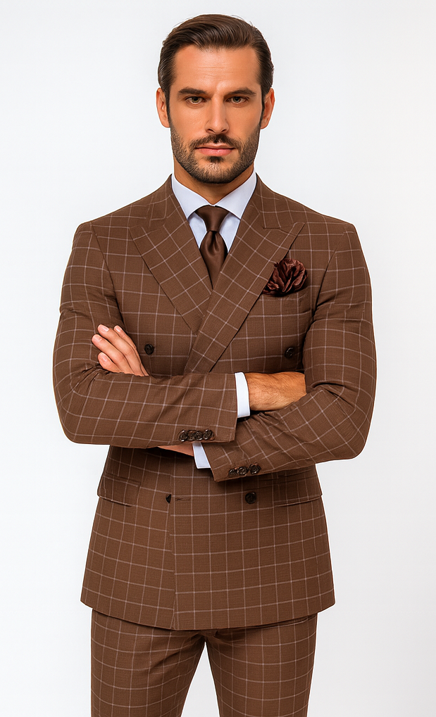 Rossiman Men’s Brown Plaid Suit – Classic Fit with Baggy Pleated Wide-Leg Wool Trousers