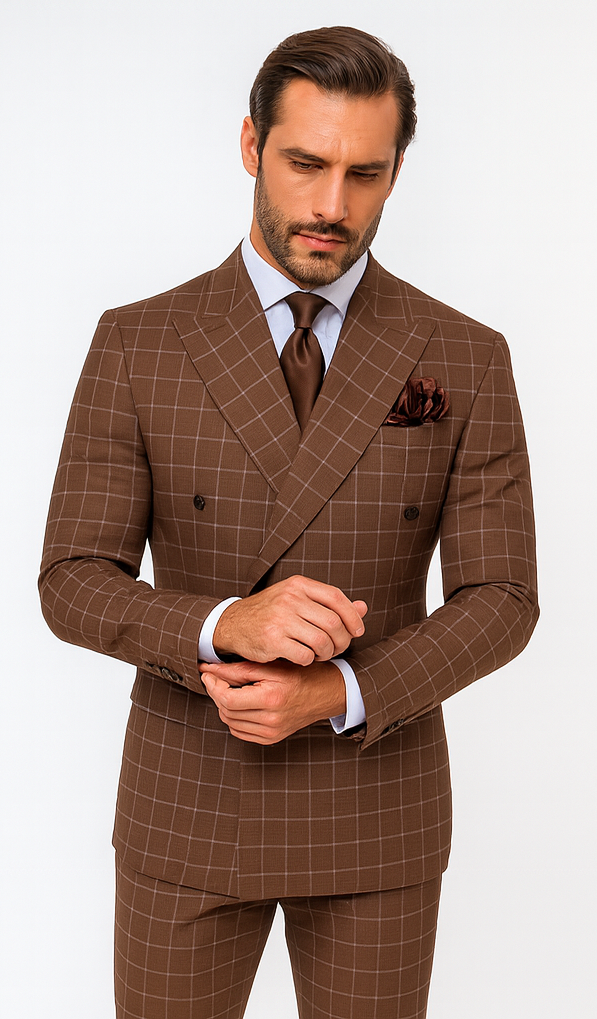 Rossiman Men’s Brown Plaid Suit – Classic Fit with Baggy Pleated Wide-Leg Wool Trousers