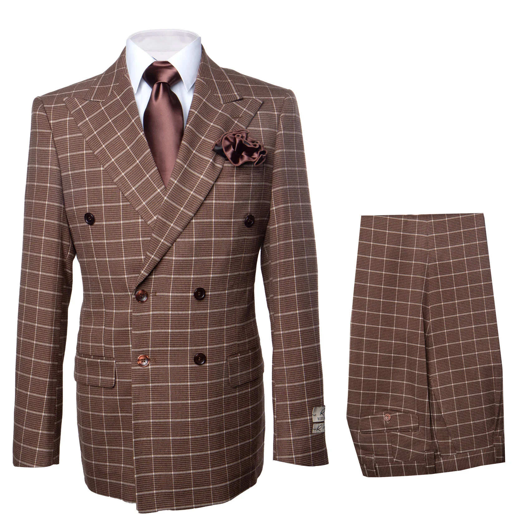 Rossiman Men’s Brown Plaid Suit – Classic Fit with Baggy Pleated Wide-Leg Wool Trousers