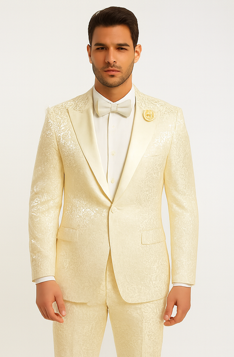 Rossiman Men’s Champagne Ivory Jacquard Paisley Tuxedo – Satin Shawl Lapel