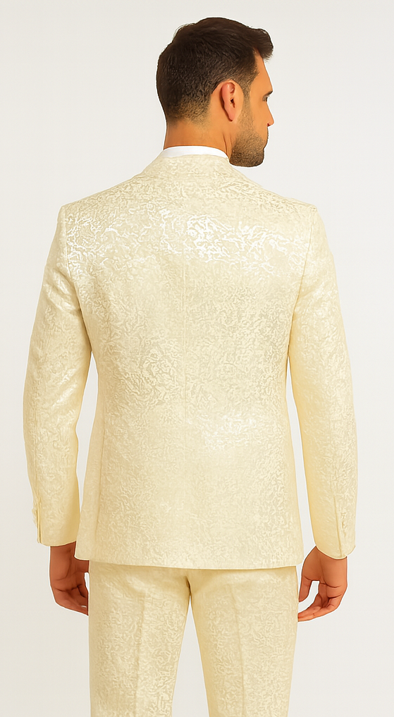 Rossiman Men’s Champagne Ivory Jacquard Paisley Tuxedo – Satin Shawl Lapel