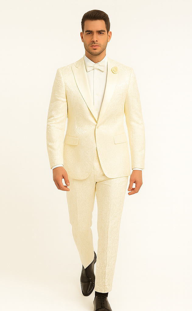 Rossiman Men’s Champagne Ivory Jacquard Paisley Tuxedo – Satin Shawl Lapel