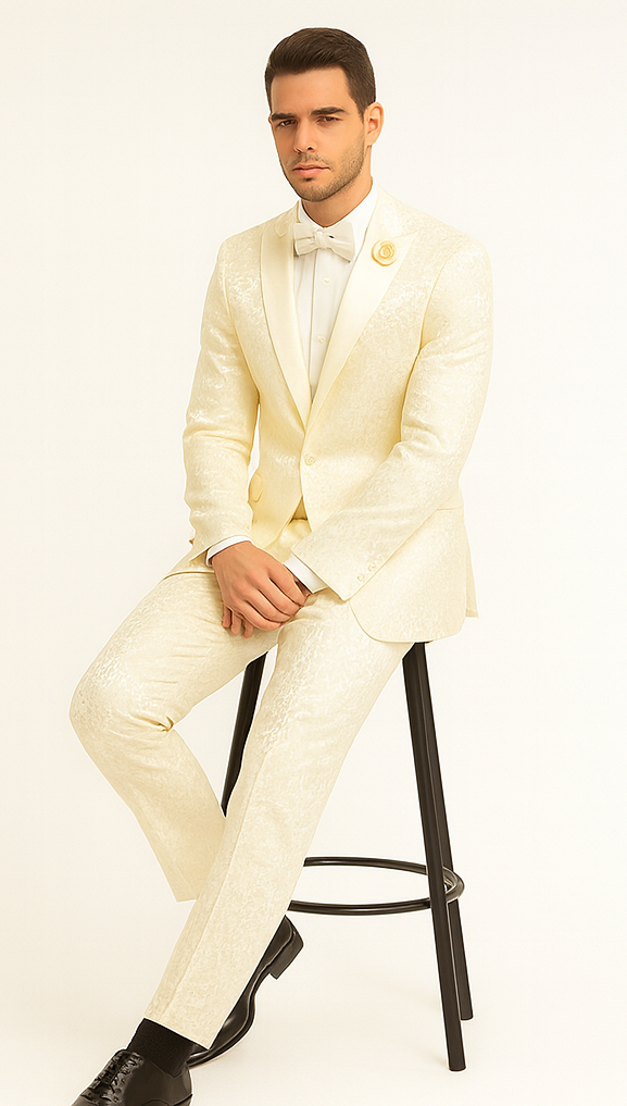 Rossiman Men’s Champagne Ivory Jacquard Paisley Tuxedo – Satin Shawl Lapel