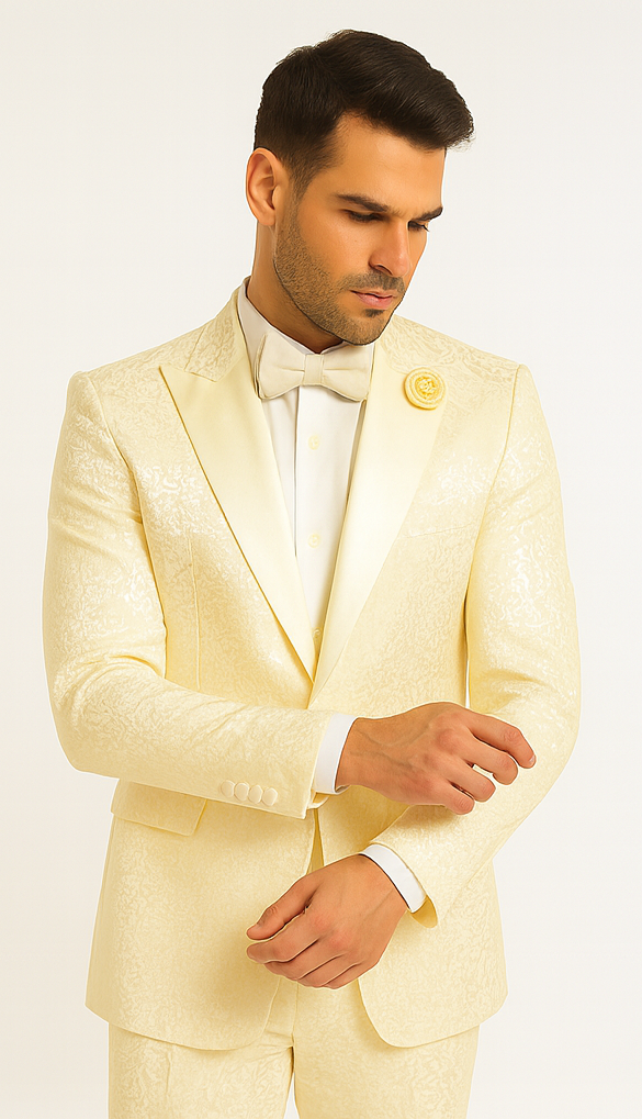 Rossiman Men’s Champagne Ivory Jacquard Paisley Tuxedo – Satin Shawl Lapel