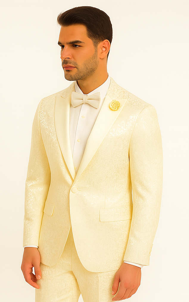 Rossiman Men’s Champagne Ivory Jacquard Paisley Tuxedo – Satin Shawl Lapel