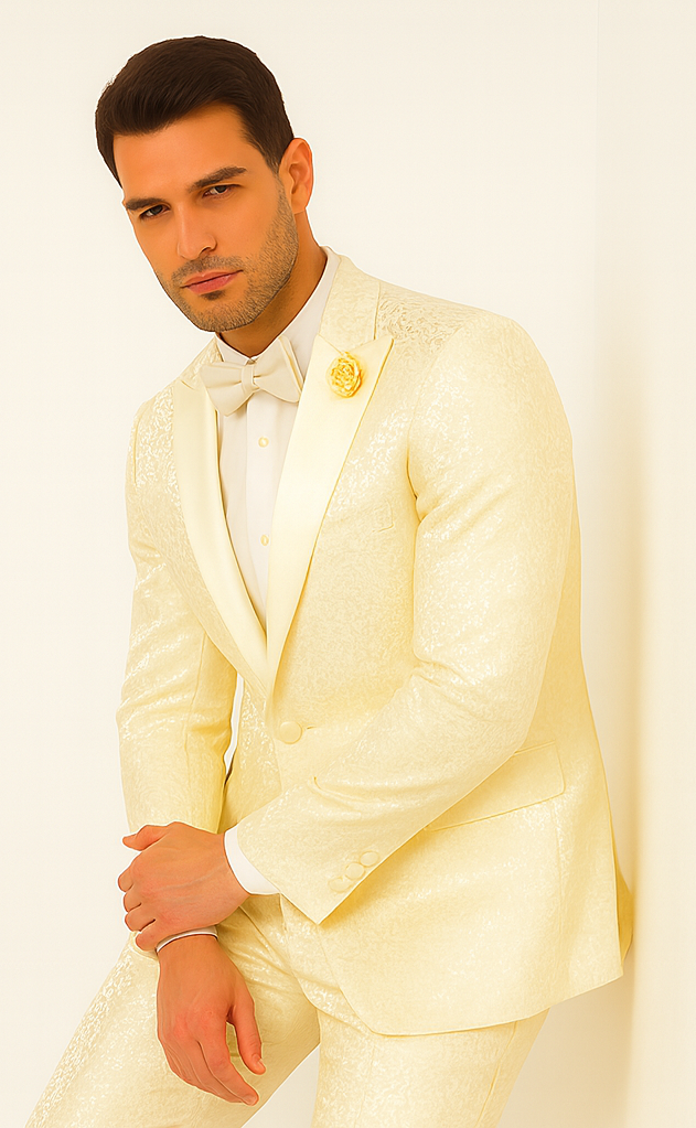 Rossiman Men’s Champagne Ivory Jacquard Paisley Tuxedo – Satin Shawl Lapel