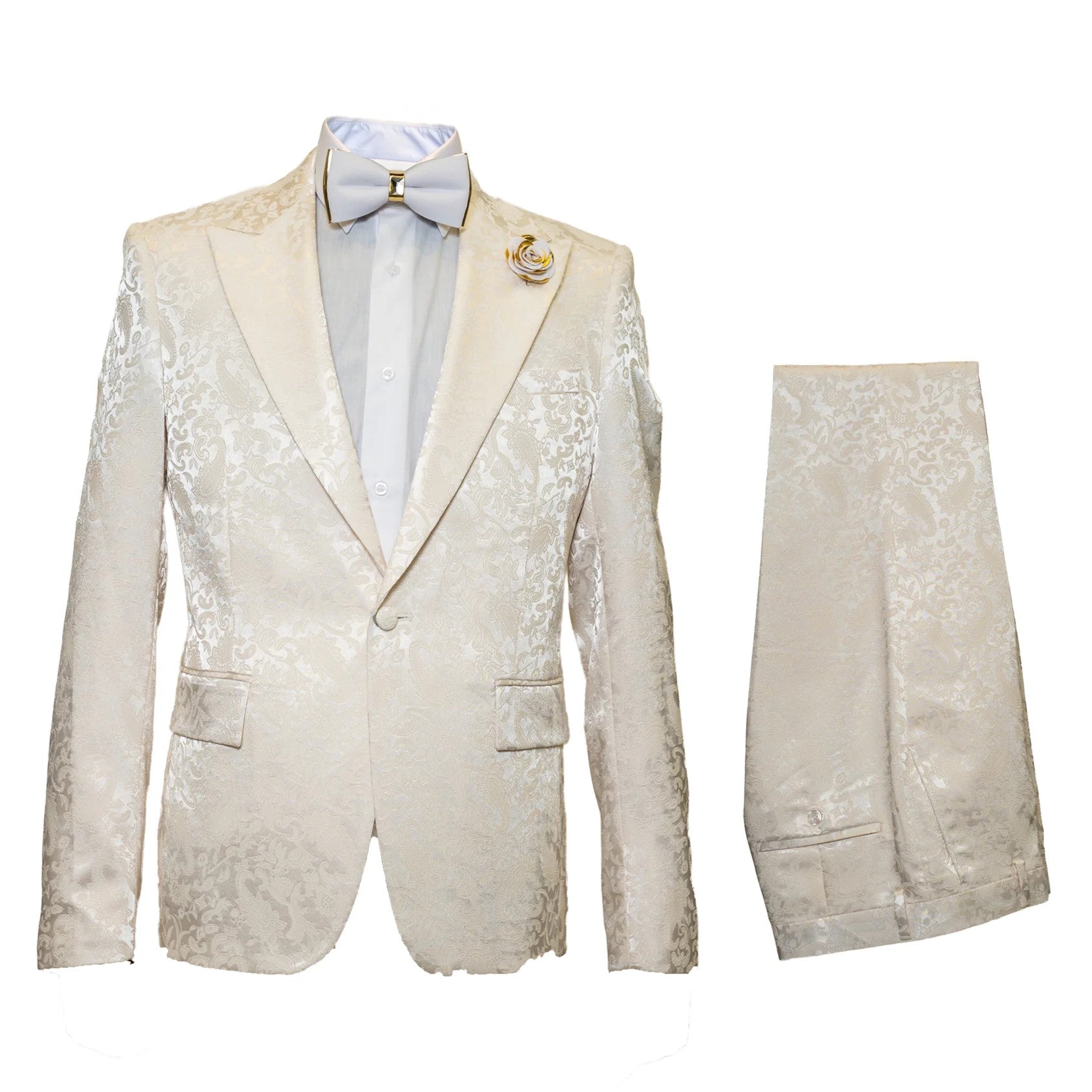 Rossiman Men’s Champagne Ivory Jacquard Paisley Tuxedo – Satin Shawl Lapel