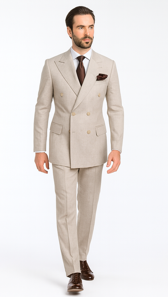 Rossiman Men’s Light Brown Wool Suit – Classic Fit with Baggy Pleated Wide-Leg Trousers