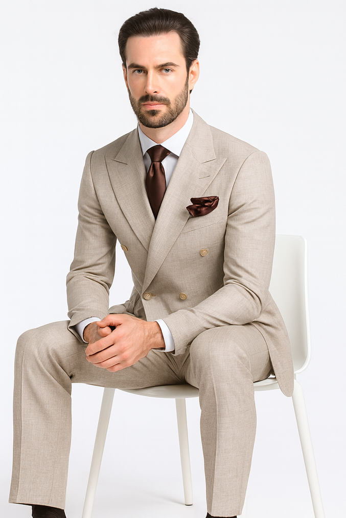 Rossiman Men’s Light Brown Wool Suit – Classic Fit with Baggy Pleated Wide-Leg Trousers